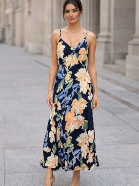 Navy Floral Spaghetti-Strap Maxi Dress